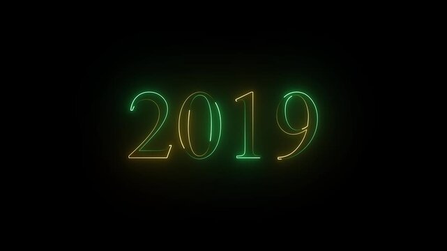 2019 neon text. Abstract 2019 neon text animation, Glowing 2019 neon text on black  background 4k video.