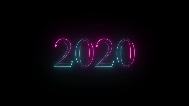 2020 neon text. Abstract 2020 neon text animation, Glowing 2020 neon text on black  background 4k video.