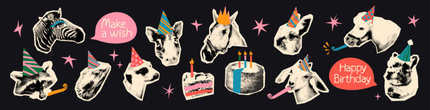Playful birthday halftone collage cut outs set. Happy animals and pets heads in party hats, llama and horse, raccoon and meerkat, cake and wishes. Modern retro mixed media vector illustration isolated