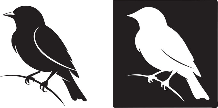 Bird on branch silhouette vector graphics isolated on white background black avian icon.