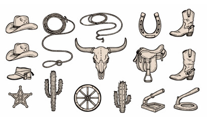 Rodeo icon set vector hand drawn western cowboy symbols vintage rustic line art © Sahabib