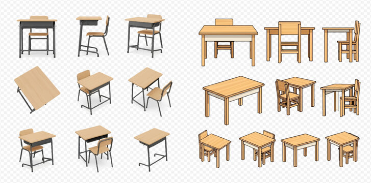 Set of wooden school desks and chairs for children, isolated on transparent background.