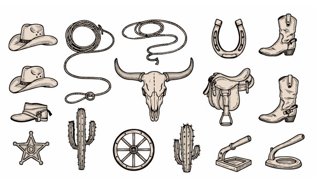 Rodeo icon set vector hand drawn western cowboy symbols vintage rustic line art