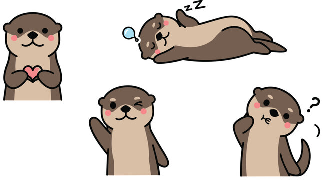 Cute cartoon otter in various playful poses with love, sleep, wink, and curious expressions vector illustration.