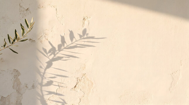 Abstract shadow of olive tree leaves on empty beige concrete wall. Aesthetic summer sunlight backdrop