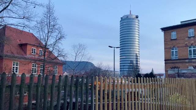 Jena, Germany view to the city tower, and an older University building