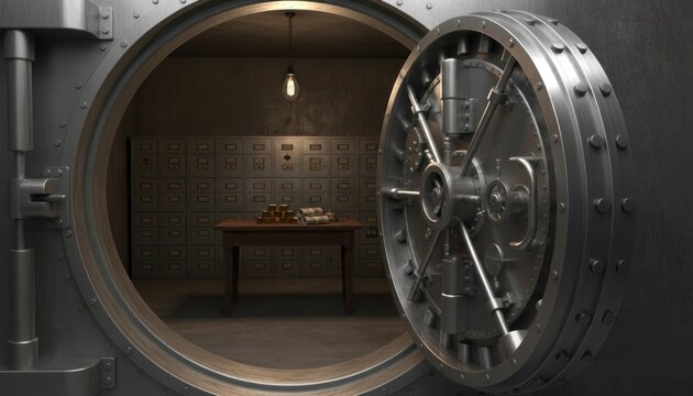 Open Vault Door Revealing Safe Deposit Boxes and Table with Gold Bars