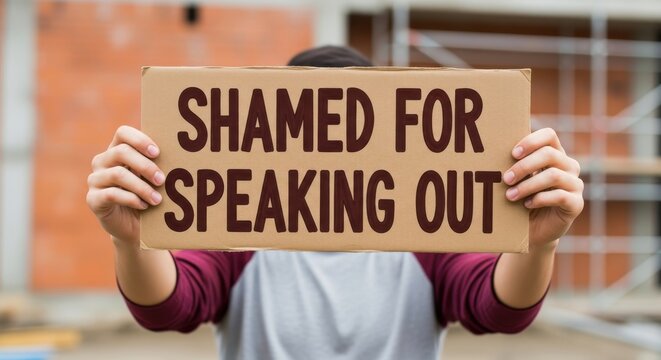 Person holds a cardboard sign with the text shamed for speaking out.