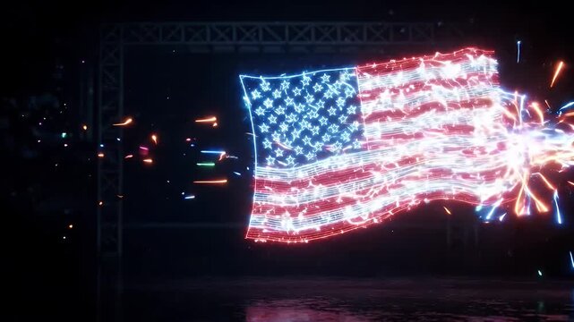 A dynamic video showing a neon wireframe structure of a football transforming into a glowing American flag pattern.