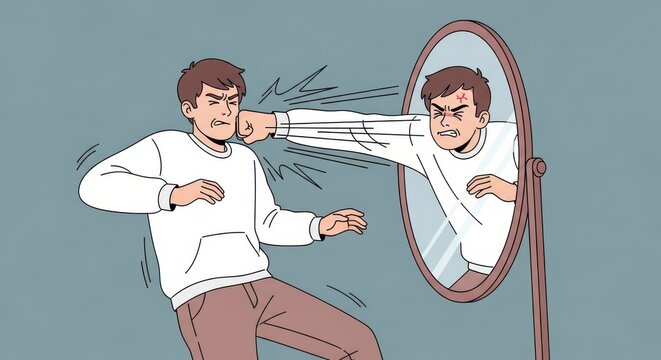 Angry man punches his own reflection in the mirror to represent inner conflict.