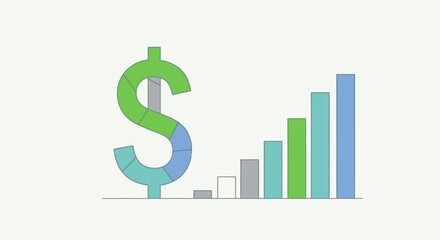 Obraz premium Dollar sign with growing bar chart and pie chart segments indicating financial growth and economic success on bright studio background.