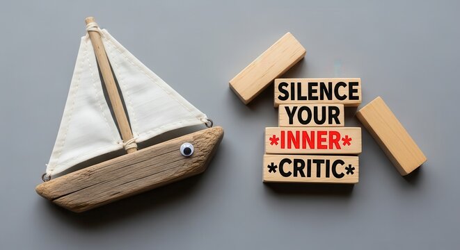 Small wooden toy boat rests next to a stack of blocks with an inspirational message about overcoming negative self-talk.