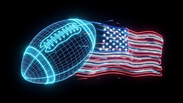 An American football formed with neon wireframe lines transforms into a glowing USA flag pattern on a dark background.