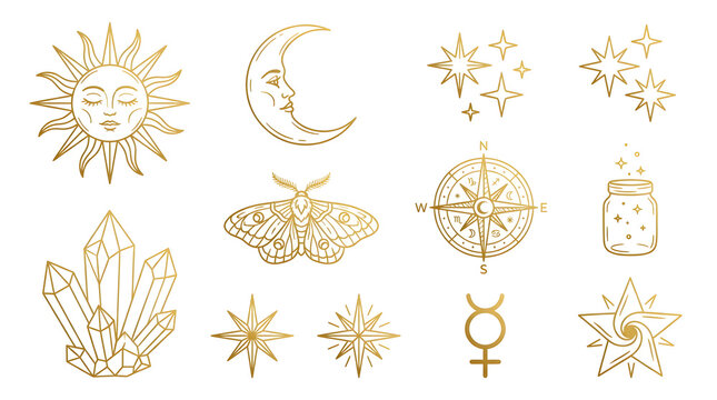Collection of golden boho mystical elements celestial line art with sun moon compass and crystals