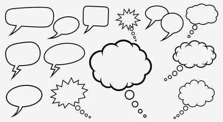 Fototapeta premium Collection of black and white outline speech bubbles and thought clouds in various shapes.