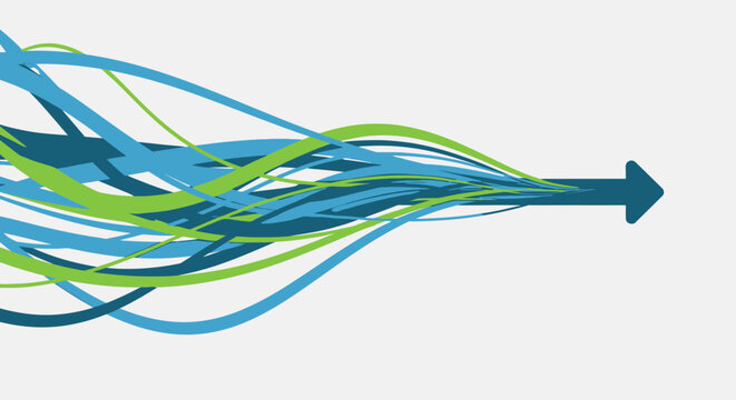 Abstract design with converging wavy blue and green lines forming an arrow pointing right.