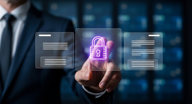Business man interacting with a digital interface displaying a glowing padlock icon, symbolizing data security and privacy protection in a modern office environment