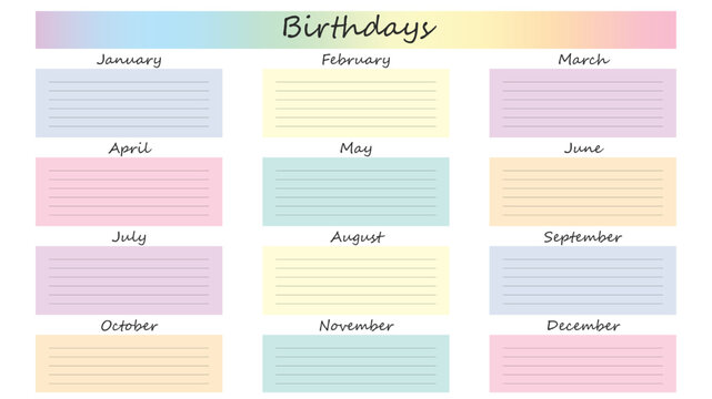 Pastel birthday calendar tracker vector, yearly event planner with monthly sections, colorful birthday reminder list for home and office organization