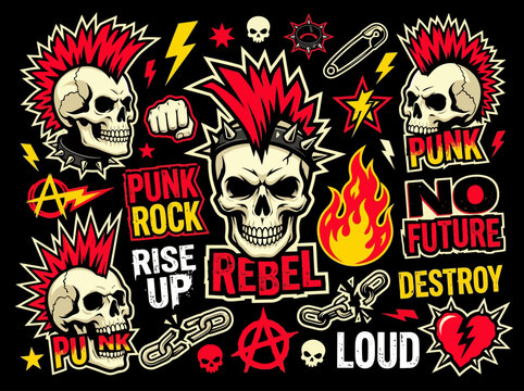 Punk Rock Sticker Set with Mohawk Skulls, Anarchy Symbols, and Rebellion Slogans for Streetwear Design