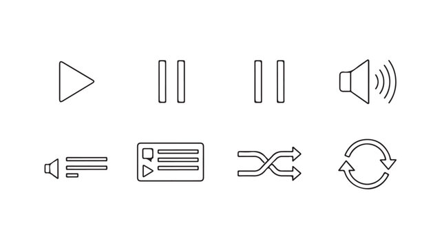 Media control icons set for audio video player interface