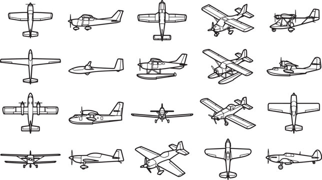 Diverse array of detailed, vintage aircraft silhouettes, ideal for aviation or travel design. 