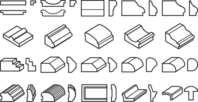 A detailed illustration showcases various molding profiles, providing a comprehensive guide for architectural design, highlighting the diverse shapes and styles.