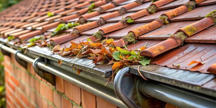 Autumn leaves and moss accumulate on a weathered roof and clogged gutter system