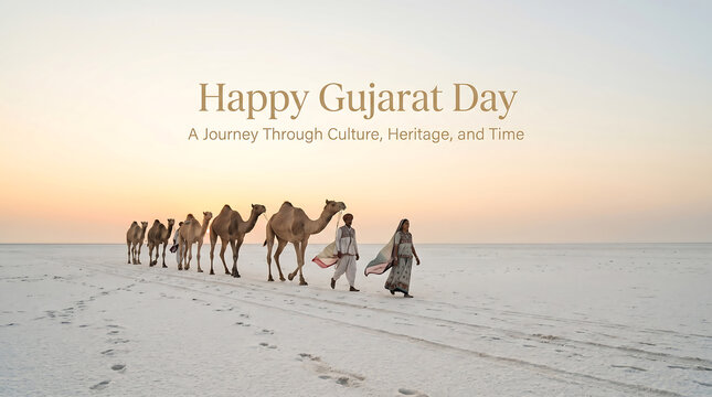 People walking with camels on sandy desert landscape at sunset gujarat day celebration