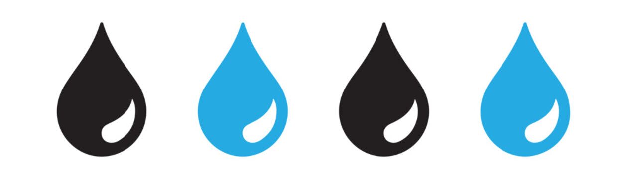 Water drop icon set in black and blue colors, representing liquid and moisture.