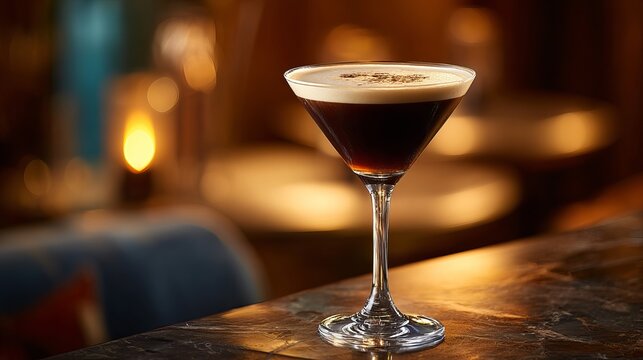 Espresso martini sits in a dimly lit restaurant.