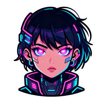 Cyberpunk anime girl sticker, neon glow, futuristic, digital art