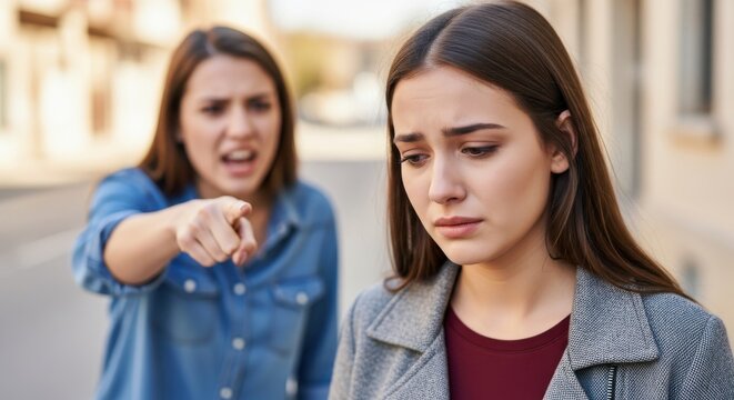 Young woman expresses sadness and shame while being confronted and pointed at by an angry friend.