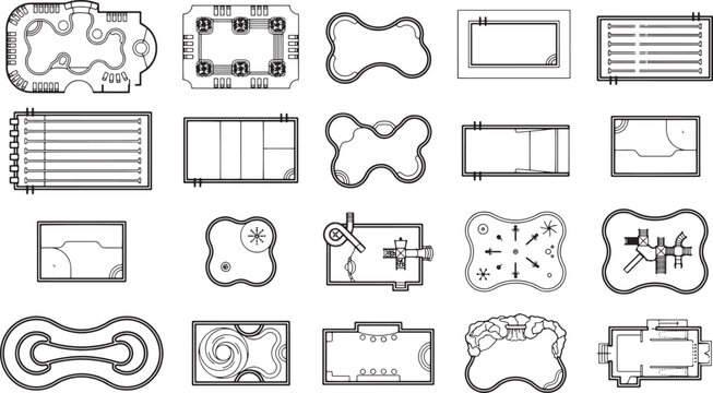 A collection of diverse swimming pool designs, from simple rectangles to intricate shapes, showcasing the versatility of pool architecture and design.