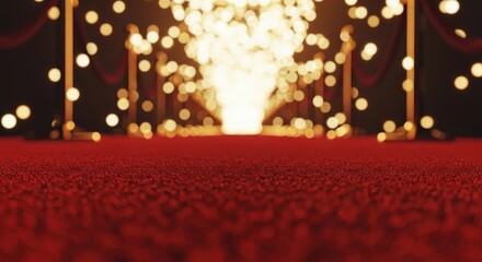 Fototapeta premium Red carpet leads toward a bright tunnel of blurred golden lights at a formal event.