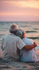 Fototapeta premium Elderly couple sitting on a beach, embracing and watching the sunset over the ocean, symbolizing lasting love, retirement, peace, and togetherness in their golden years