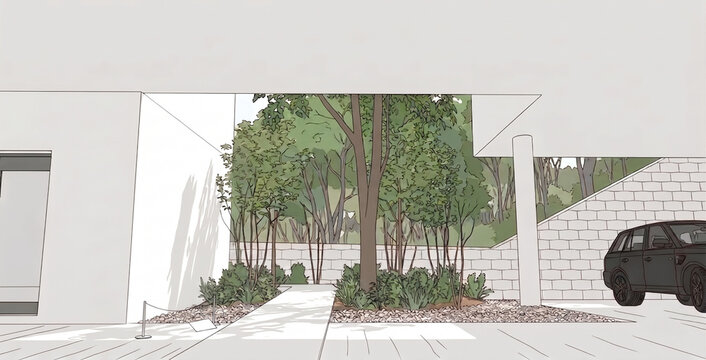 3d architectural rendering of a modern middle plaza in the park
