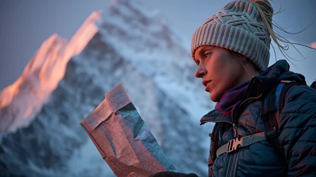 Close-up footage of a woman trekker in warm clothing studying a paper map at sunrise in snowy alpine mountains, planning route and navigation on a cold winter hike