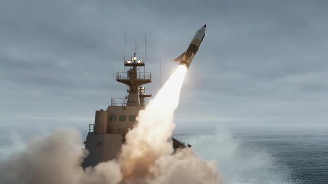 A missile launches from a naval ship, igniting with intense fire and smoke before soaring into the cloudy sky over the open ocean.
