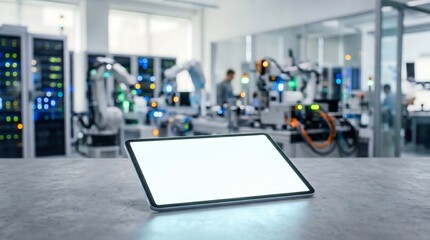 Obraz premium Tablet Mockup with Blank Screen in Blurred Robotics Lab and Smart Factory 
