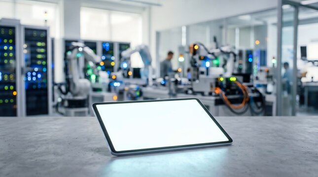 Tablet Mockup with Blank Screen in Blurred Robotics Lab and Smart Factory
