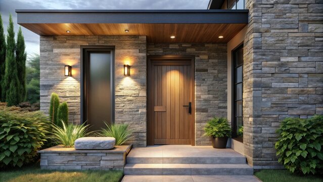 Modern Home Entrance with Stonework and Evening Lighting