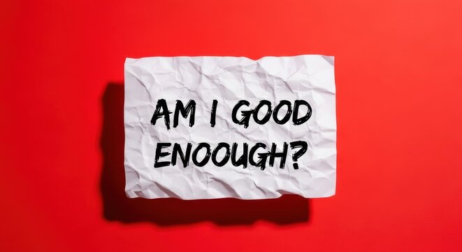 Crumpled piece of paper displays the handwritten question asking if someone is good enough against a bright red background.
