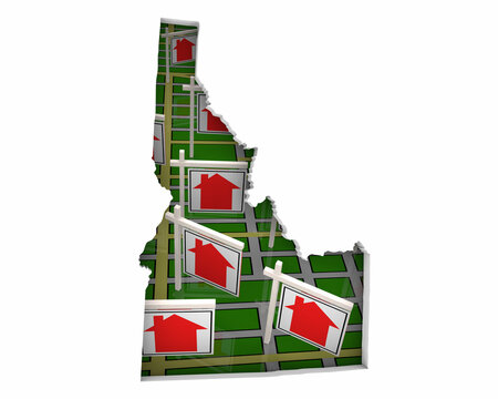 Idaho ID State Real Estate Market Homes Houses For Sale Signs Map Move Relocate 3d Illustration