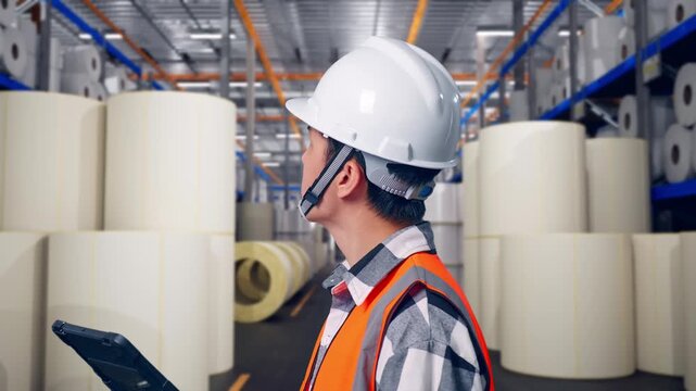 Close Up Side View Of Asian Male Engineer With Safety Helmet Looking At The Tablet In His Hand And Looking Around While Standing at Warehouse with Rows of Stacked White Polymer and Paper Rolls
