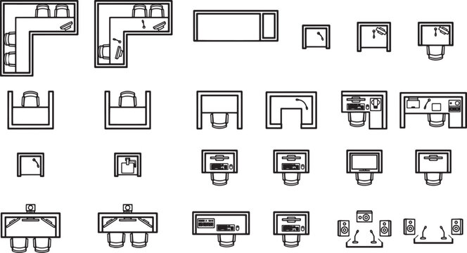 Office layout plan diagrams with furniture arrangement for workspace or interior design, providing a detailed view of desk, chair, table and more.