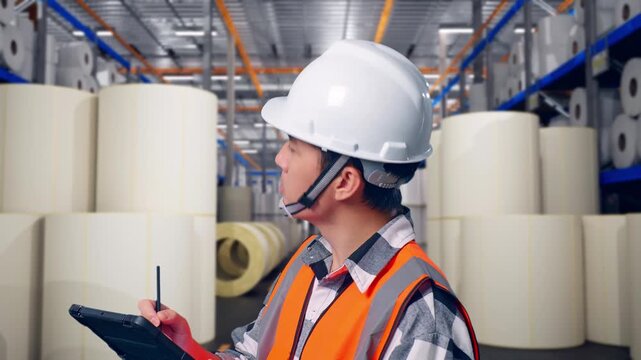 Close Up Side View Of Asian Male Engineer With Safety Helmet Taking Note On The Tablet And Looking Around While Standing at Warehouse with Rows of Stacked White Polymer and Paper Rolls