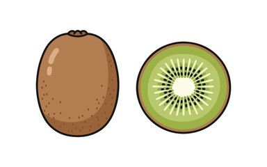 Isolated flat cartoon kiwi fruit, whole and cut, illustrated in vector style on a white background.