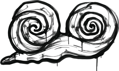 Hand drawn artistic snail shell vector illustration with ink splatters and spiral brush strokes isolated on white background for design © MdMucha