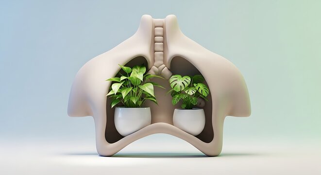 3D rendering of healthy lungs with green plants symbolizing fresh air and well-being, studio lighting
