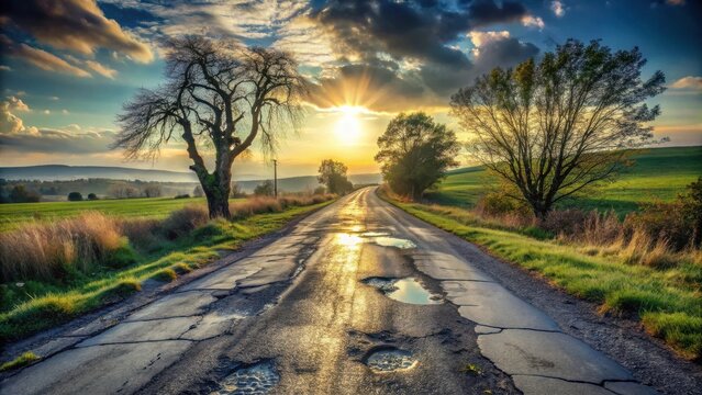 Serene Sunset Over a Rural Asphalt Road with Potholes and Lush Green Fields